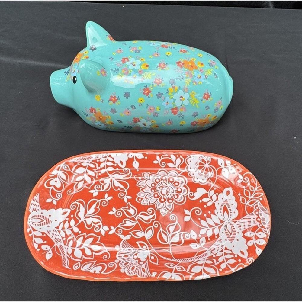 Gibson Ceramic Pig Covered Butter Dish Lid Tray Farmhouse Pioneer Woman EUC A82 - Picture 7 of 9